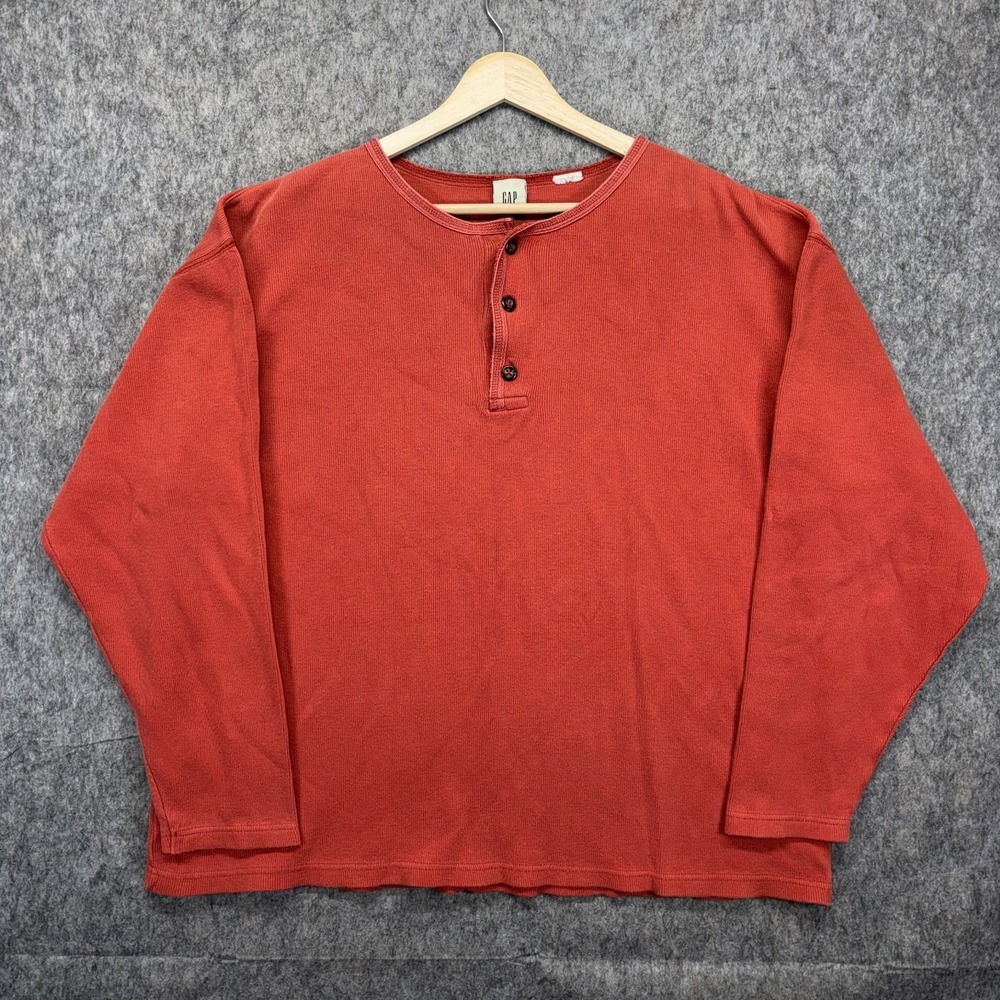 Vintage GAP Henley Thermal Sweatshirt Boxy Cropped Ribbed Orange 90s USA XL